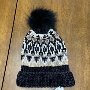 Free People Chalet Fairisle Pom Beanie Hat Black/Gold Metallic Combo One Size